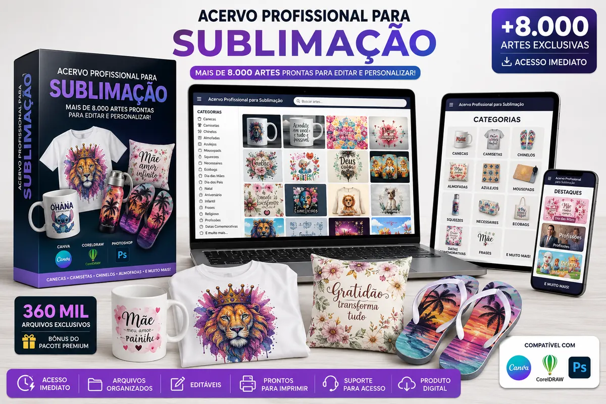 Acervo Profissional para Sublimação — mockup do pacote com camisetas, canecas, chinelos e mais